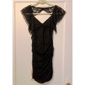 Sexy black ruched lace open back dress XS